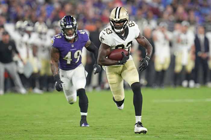 New Orleans Saints tight end Juwan Johnson (83) makes a catch against the Baltimore Ravens. Mandatory Credit: Mitch Stringer-USA TODAY